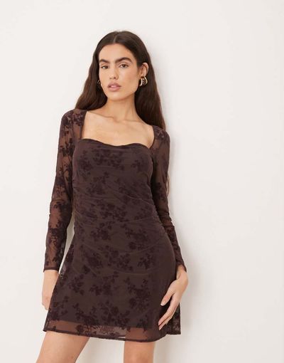 Abercrombie & Fitch Abercrombie & Fitch long sleeve mini dress with bra insert in brown floral