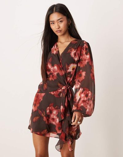 Abercrombie & Fitch Abercrombie & Fitch long sleeve wrap mini dress in brown floral
