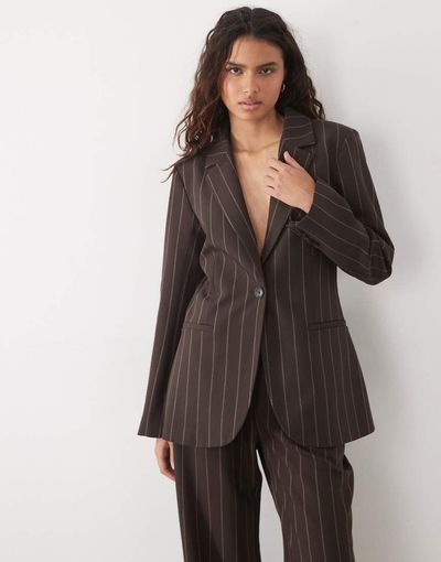 Abercrombie &Amp; Fitch Longline Cinched Waist Blazer In Brown Pinstripes