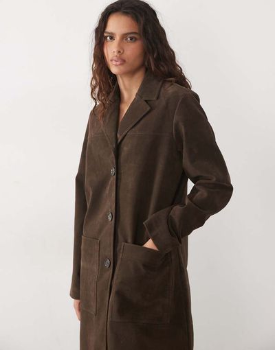 Abercrombie & Fitch Abercrombie & Fitch longline oversized suedette jacket in dark brown