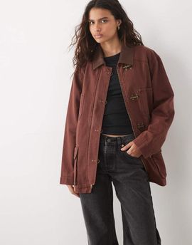 Abercrombie & Fitch Abercrombie & Fitch longline worker jacket with clasp detail in brown