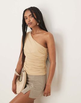 Abercrombie & Fitch Abercrombie & Fitch mesh asymmetric tie detail top in beige-Neutral