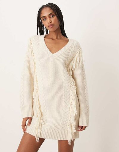 Abercrombie & Fitch Abercrombie & Fitch mini sweater dress with fringing in cream-White