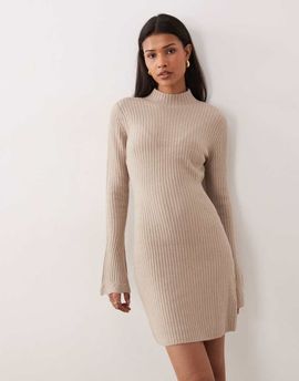 Abercrombie & Fitch Abercrombie & Fitch mock neck sweater midi dress in cream-White