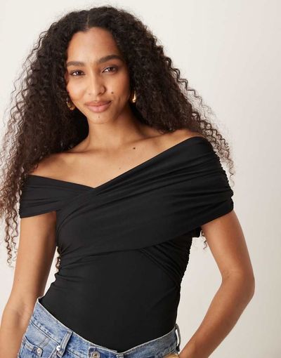 Abercrombie & Fitch Abercrombie & Fitch off the shoulder asymmetric wrap bodysuit in black