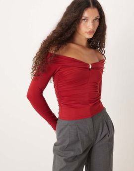 Abercrombie & Fitch Abercrombie & Fitch off the shoulder long sleeve hardware top in red