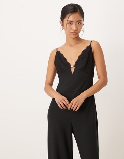 Abercrombie & Fitch Abercrombie & Fitch plunge jumpsuit with lace detail in black