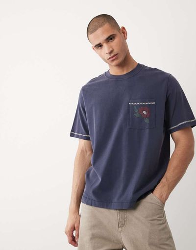 Abercrombie & Fitch Abercrombie & Fitch premium heavyweight T-shirt with embroidered detail in washed navy-Blue