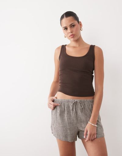 Abercrombie & Fitch Abercrombie & Fitch pull on embroidered boho shorts in brown gingham