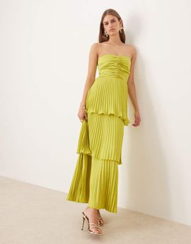 Abercrombie & Fitch Abercrombie & Fitch ruched bandeau pleated tiered maxi dress in lime green