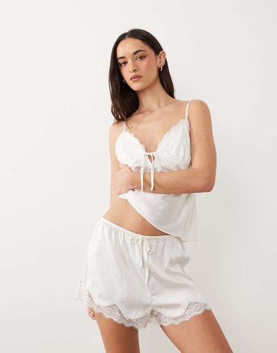 Abercrombie & Fitch Abercrombie & Fitch satin lace trim pajama shorts in cream - part of a set-White