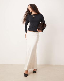 Abercrombie & Fitch Abercrombie & Fitch satin look high rise bias cut maxi skirt in cream-Neutral