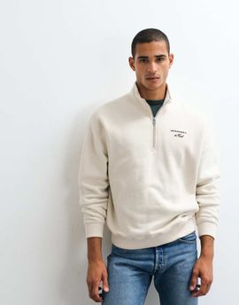Abercrombie & Fitch Abercrombie & Fitch script logo oversized 1/4 zip sweatshirt in cream-White