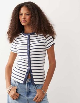 Abercrombie & Fitch Abercrombie & Fitch short sleeve button up icon T-shirt in white striped print