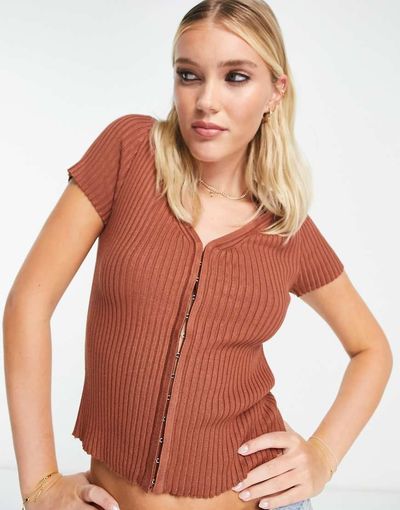 Abercrombie & Fitch Abercrombie & Fitch short sleeve cardi top in brown