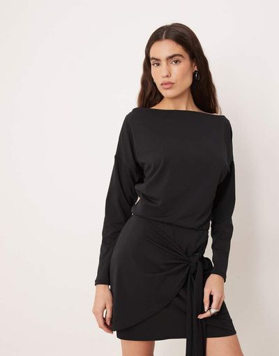 Abercrombie & Fitch Abercrombie & Fitch slash neck long sleeve mini dress with tie up front detail in black