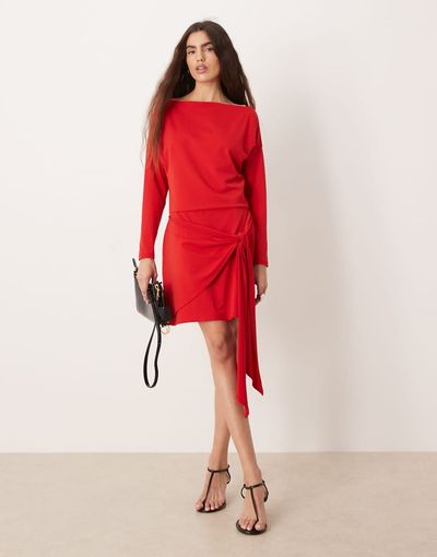 Abercrombie & Fitch Abercrombie & Fitch slash neck long sleeve mini dress with tie up front detail in red