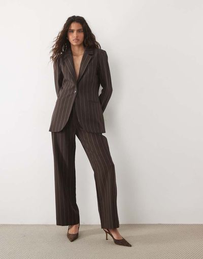 Abercrombie &Amp; Fitch Sloane High Rise Wide Leg Pants In Brown Pinstripes