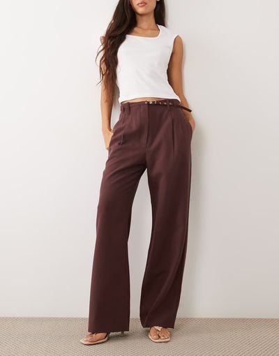 Abercrombie & Fitch Abercrombie & Fitch Sloane high rise wide leg pants with belt in burgundy-RED