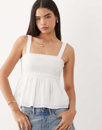 Abercrombie & Fitch Abercrombie & Fitch square neck smocked cami top with removable straps in white