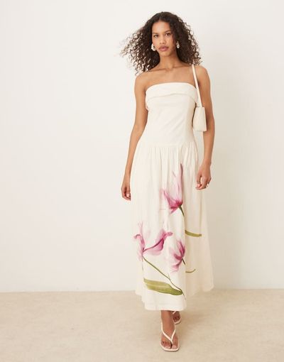 Abercrombie & Fitch Abercrombie & Fitch strapless dropped waist midi dress in cream floral-White