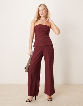 Abercrombie & Fitch Abercrombie & Fitch strapless longline tube jumpsuit with velvet detailing in burgundy-Red