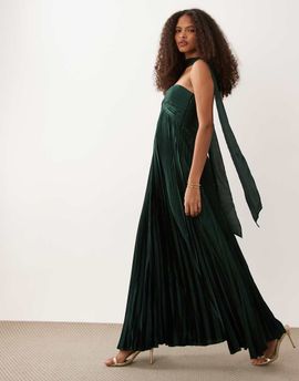 Abercrombie & Fitch Abercrombie & Fitch strapless plisse maxi dress with scarf detail in dark green