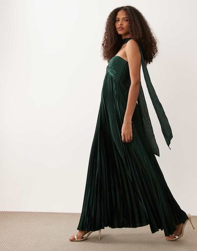Abercrombie & Fitch Abercrombie & Fitch strapless plisse maxi dress with scarf detail in dark green