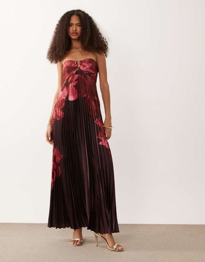 Abercrombie & Fitch Abercrombie & Fitch strapless plisse maxi dress with scarf detail in pink floral