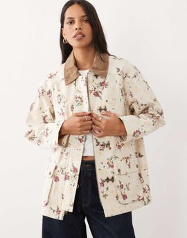 Abercrombie & Fitch Abercrombie & Fitch twill barn jacket in cream floral-White