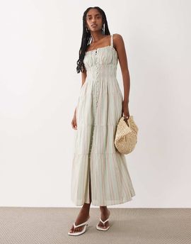 Abercrombie & Fitch Abercrombie & Fitch v neck button up maxi dress in pastel striped print-Multi