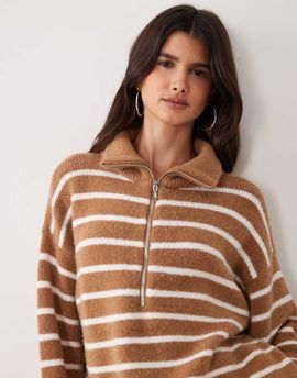 Abercrombie & Fitch Abercrombie & Fitch wool blend knit 1/4 zip sweater in white and brown stripes-Multi