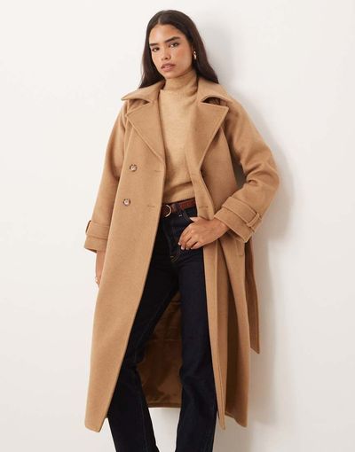 Abercrombie & Fitch Abercrombie & Fitch wool blend maxi belted trench coat in camel-Neutral