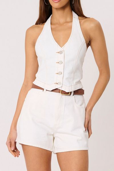 Abrand Jeans Abrand Jeans C'est La Vie Porcelain Denim Vest Top Jacket in White, Women's at Urban Outfitters