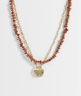 Accessorize Accessorize 2 pack chipped faux stone & pendant necklace in brown and gold tone