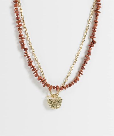 Accessorize Accessorize 2 pack chipped faux stone & pendant necklace in brown and gold tone