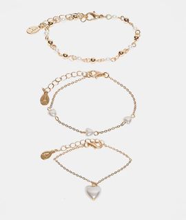 Accessorize Accessorize 3 pack delicate faux pearl heart bracelet in gold tone