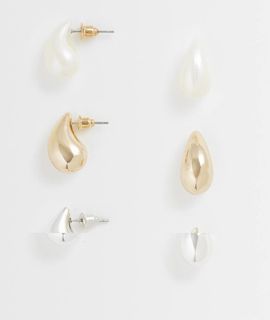 Accessorize Accessorize 3 pack mini teardrop earrings in gold and pearl