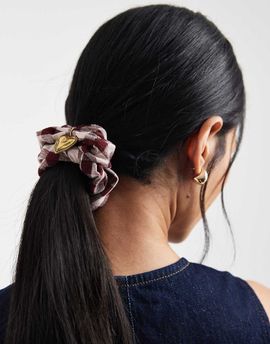 Accessorize Accessorize checked heart charm hair scrunchie in brown