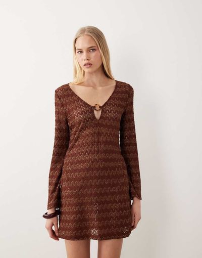 Accessorize Accessorize crochet long sleeve beach cover up in bronze-Brown