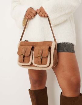 Accessorize Accessorize faux shearling double pocket crossbody bag in tan-Brown
