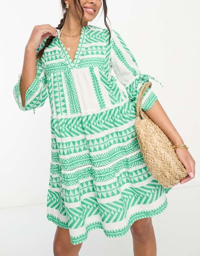 Accessorize Accessorize flute sleeve jacquard beach summer mini dress in green & white