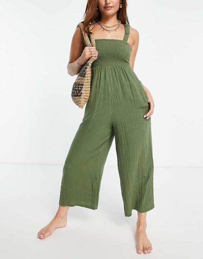 Accessorize Accessorize frill shoulder beach jumpsuit in khaki-Green