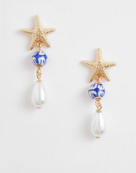 Accessorize Accessorize starfish beaded faux pearl drop earrings in gold tone