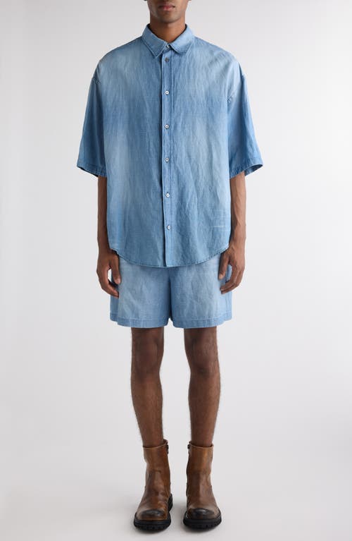 Acne Studios Acne Studios Oversize Short Sleeve Cotton & Linen Chambray Button-Up Shirt