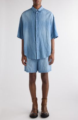 Acne Studios Acne Studios Oversize Short Sleeve Cotton & Linen Chambray Button-Up Shirt