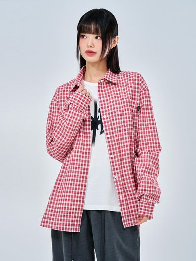 ACOVER Gingham Classic Check Loose-fit Cotton-Poly Shirt [RED]