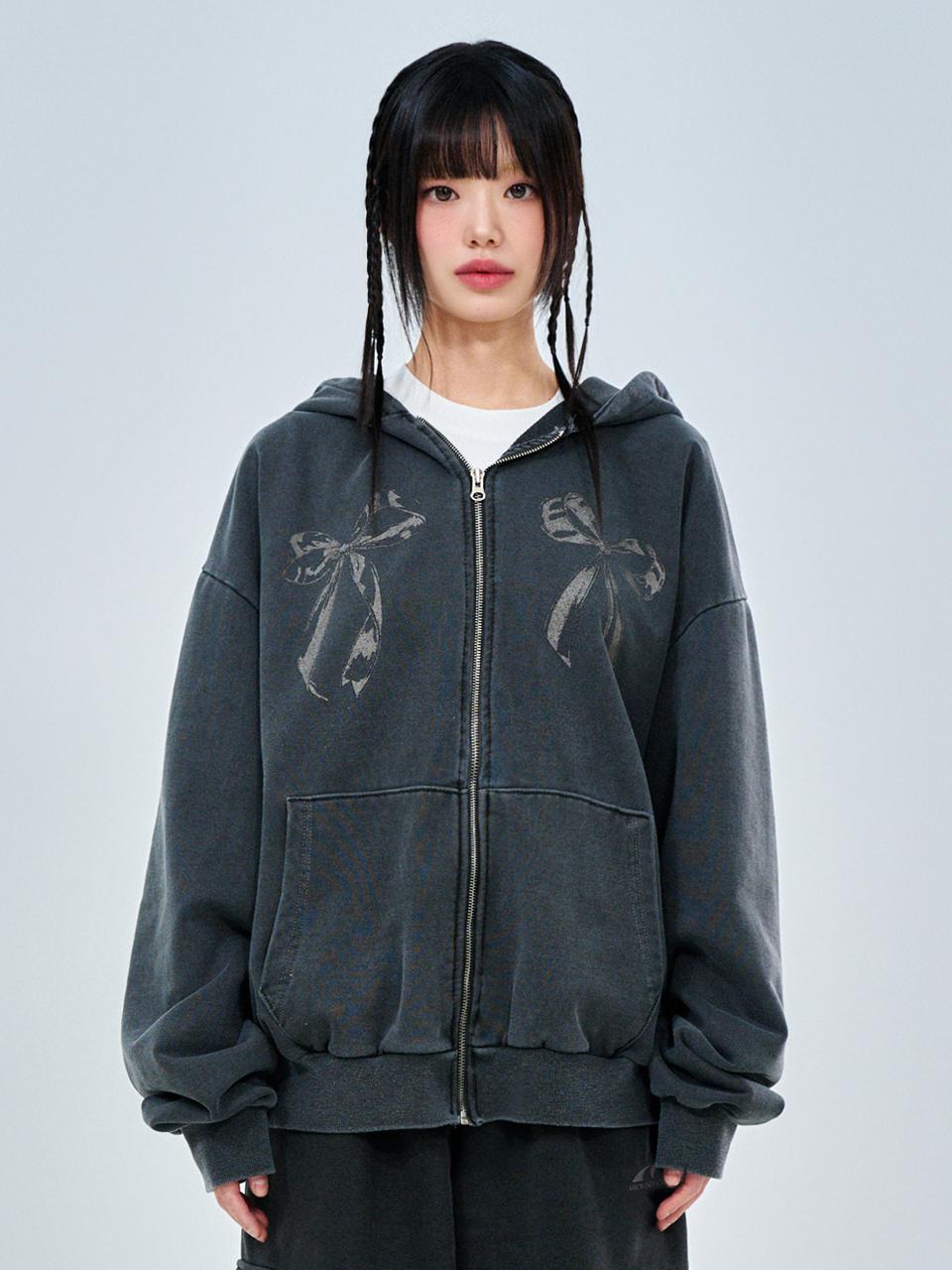 ACOVER Ribbon Club Cotton Polyester Pigment Zip-up Hoodie [Charcoal]