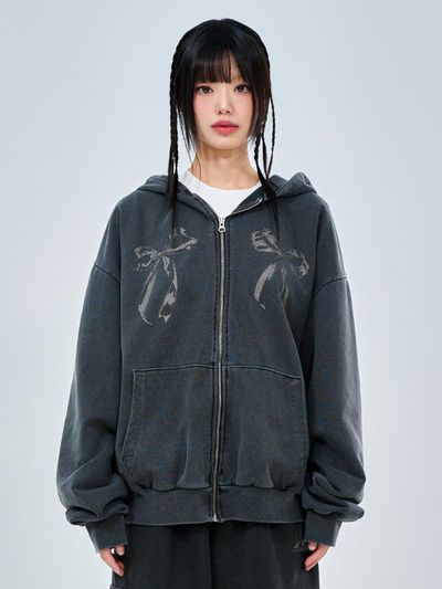 ACOVER Ribbon Club Cotton Polyester Pigment Zip-up Hoodie [Charcoal]