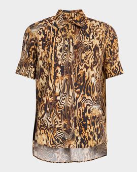 Adam Lippes Charlie Animal-Print Short-Sleeve Button-Down Top